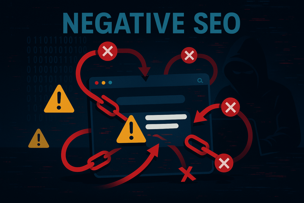 Negative SEO: A Complete Guide to Myths , Threats, and Protection Strategies 10 Illustration of a website being attacked through negative SEO with red backlinks and warning signs.