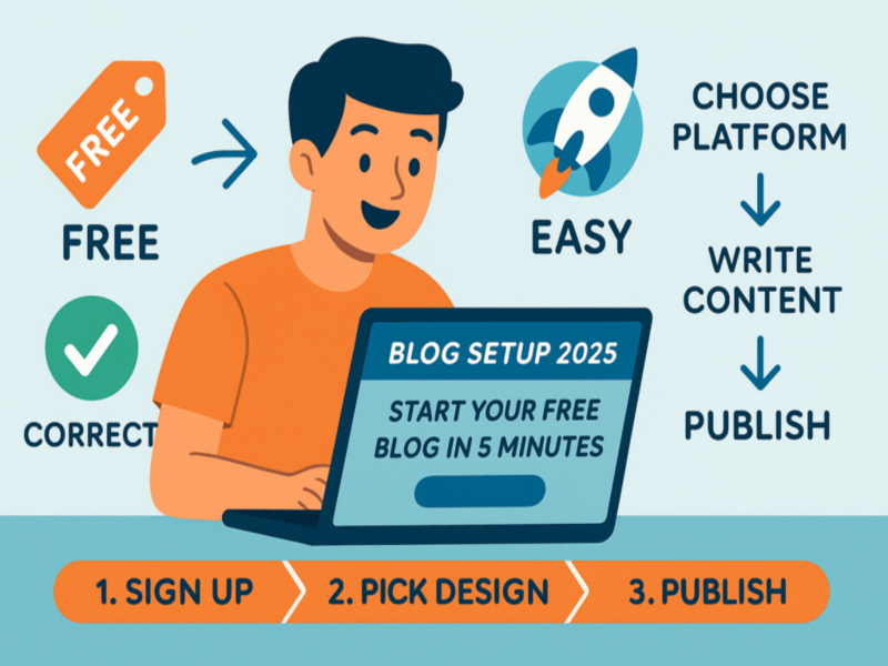 How to Start a WordPress Blog in 2025 (Step-by-Step Guide) 2 Young blogger starting a free blog in 2025 with laptop, checklist, and blogging tools