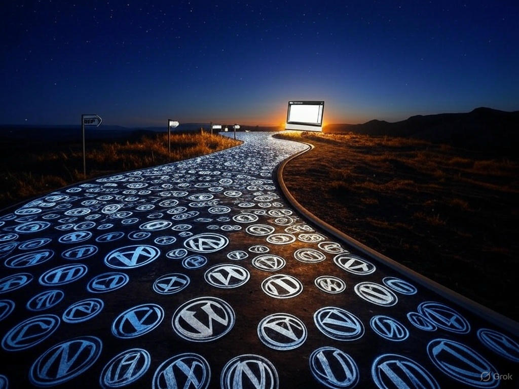 Services 1 A glowing pathway filled with WordPress logos under a starry sky, leading to a large screen at sunset.