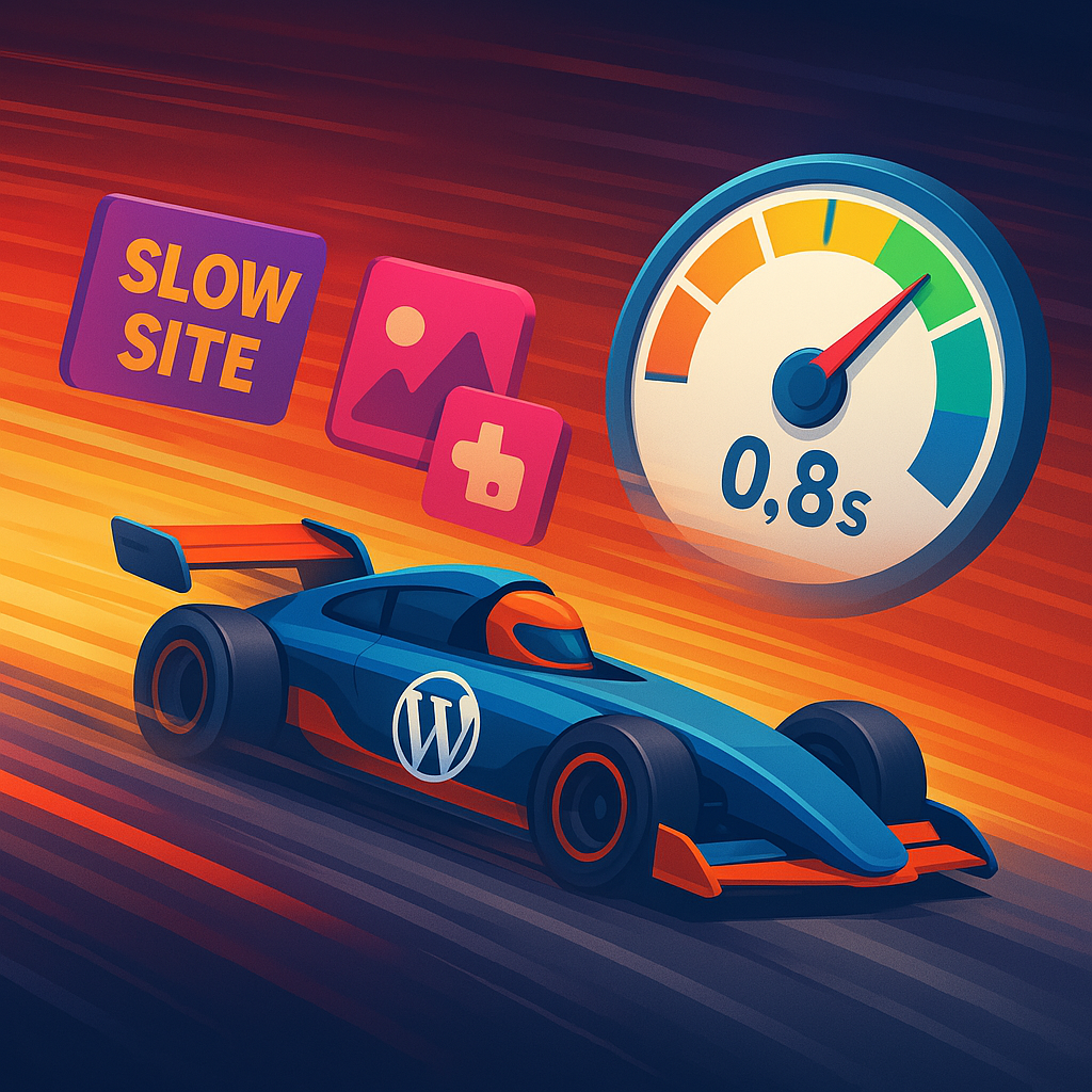 Services 3 Illustration of a Formula 1-style race car with a WordPress logo speeding past "slow site" icons, highlighting a performance meter showing 0.8 seconds load time.