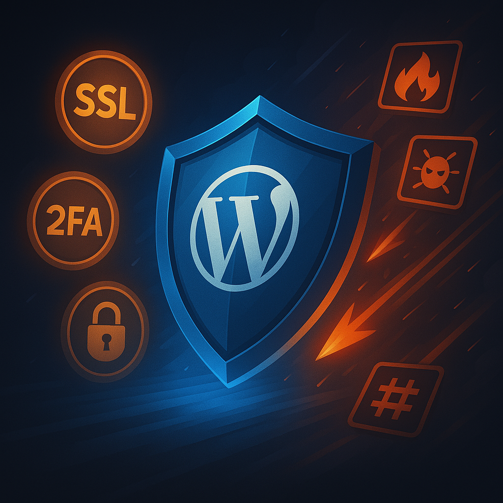 Services 4 Illustration of a shield with the WordPress logo protecting against cyber threats, featuring icons for SSL, 2FA, and padlock security.