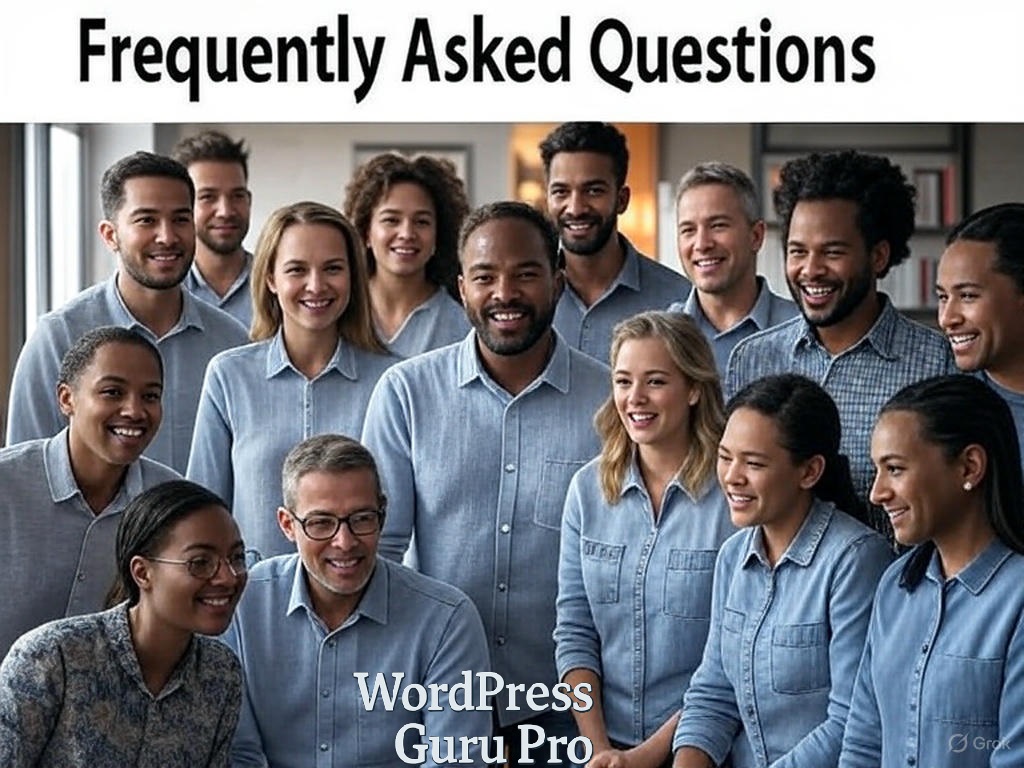 About Us 6 A diverse group of professionals smiling together under the heading "Frequently Asked Questions," representing the WordPress Guru Pro team.