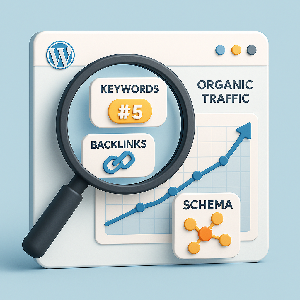 Services 5 3D illustration of SEO elements like keywords, backlinks, and schema optimization boosting organic traffic on a WordPress website.