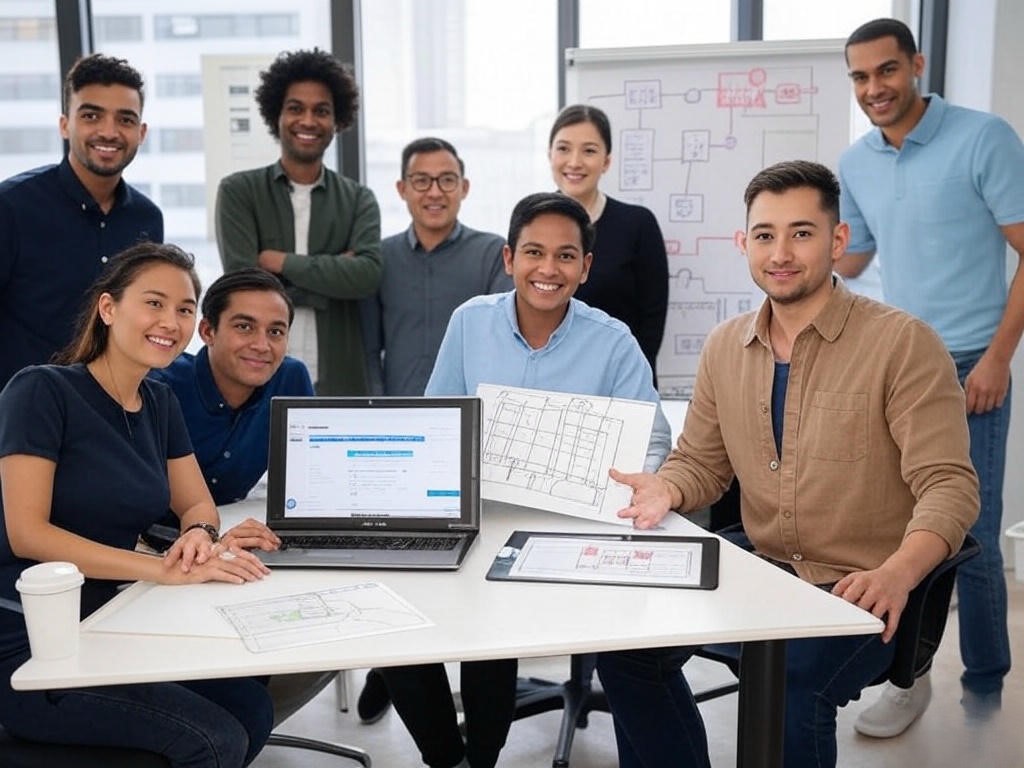 About Us 1 A diverse team of professionals collaborating in an office, with laptops, blueprints, and diagrams.