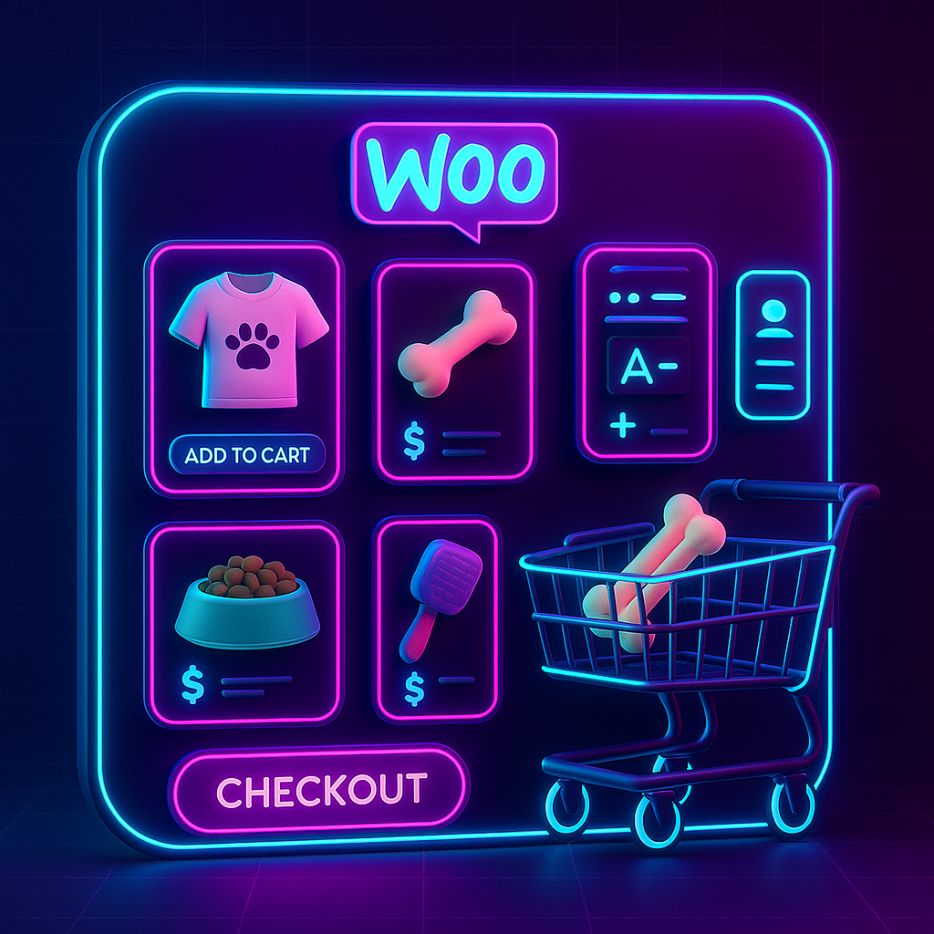 Services 6 Neon-style 3D illustration of a WooCommerce online store interface with product listings, a shopping cart, and a glowing “Checkout” button.