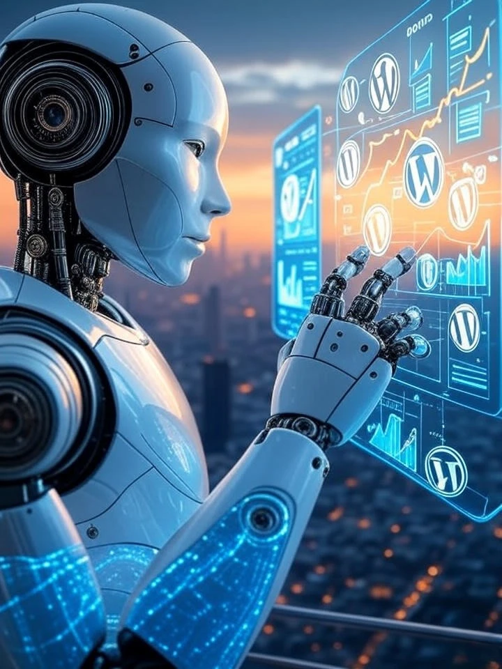 How AI Is Reshaping SEO: Insights from WordPress Guru Pro 2 AI robot showcasing AI-powered SEO tools with WordPress icons in a futuristic cityscape, representing the future of AI in SEO