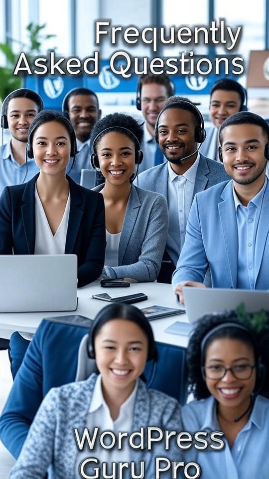 Friendly and dedicated customer support team of WordPress Guru Pro in a modern office, smiling and ready to assist.