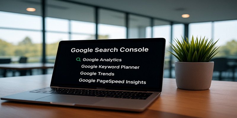 Laptop screen displaying top 10 Google Free SEO Tools including Google Search Console, Google Analytics, Keyword Planner, Trends, PageSpeed Insights, My Business, Tag Manager, Data Studio, Mobile-Friendly Test, and Alerts.
