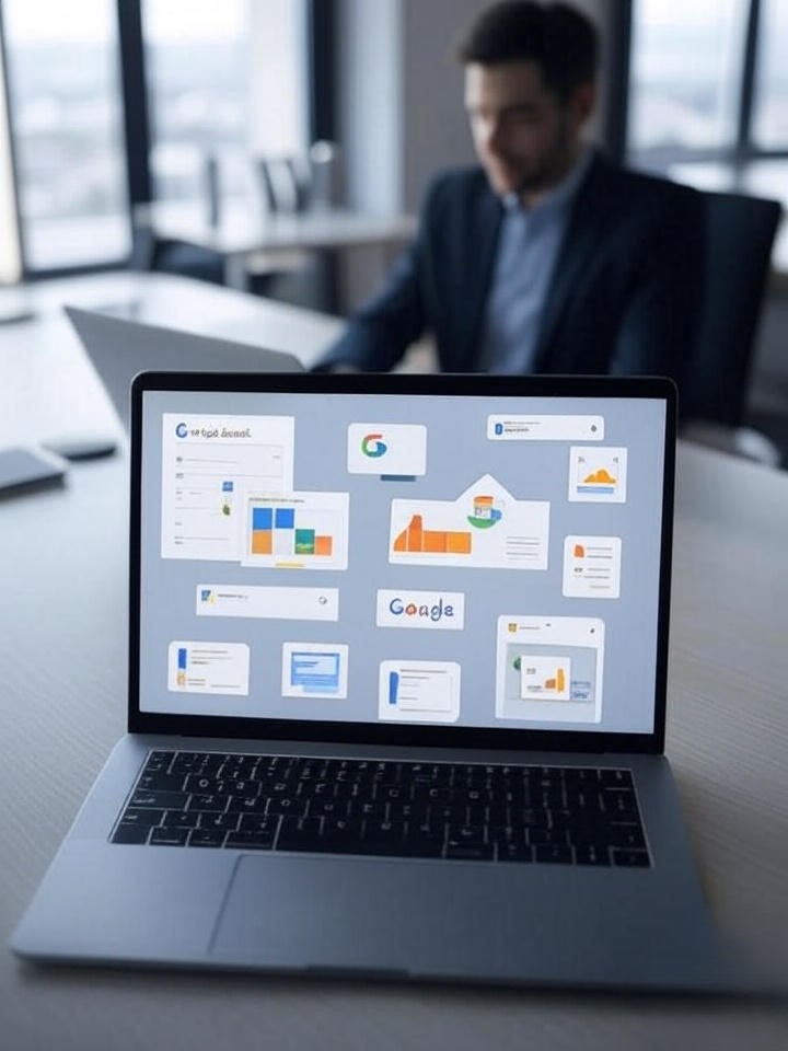 A modern digital workspace featuring Google’s Free SEO Tools, including Google Search Console, Google Analytics, Google Keyword Planner, Google Trends, Google PageSpeed Insights, and Google My Business, displayed on a laptop screen.