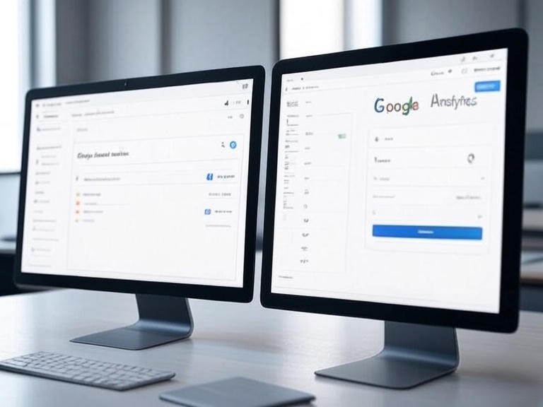 Two computer monitors displaying Google Search Console vs Google Analytics