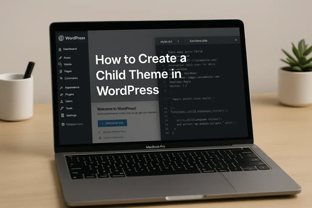 How to Create a Child Theme in WordPress (Beginner-Friendly Guide) 23 How to create a child theme in WordPress – code editor showing style.css and functions.php files on a MacBook Pro