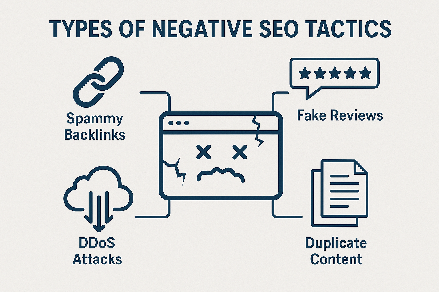 Negative SEO: A Complete Guide to Myths , Threats, and Protection Strategies 3 Infographic showing different types of negative SEO techniques targeting a website.