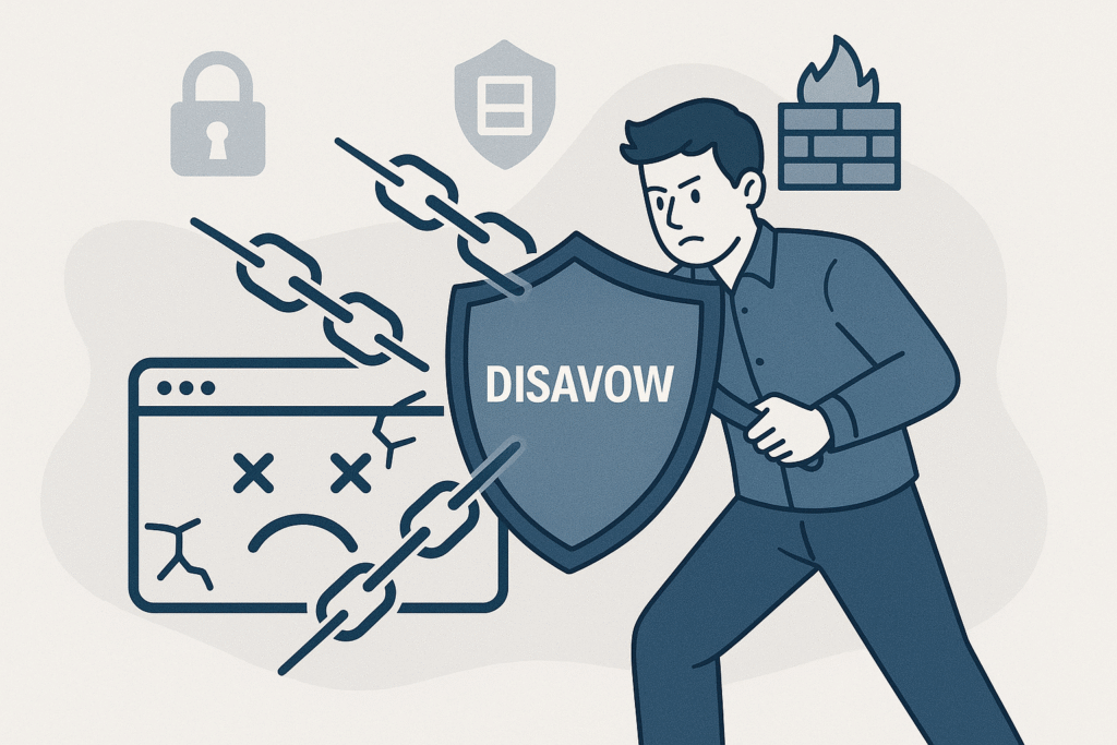 Negative SEO: A Complete Guide to Myths , Threats, and Protection Strategies 2 Illustration of a person protecting a website from negative SEO using disavow tools and security measures.