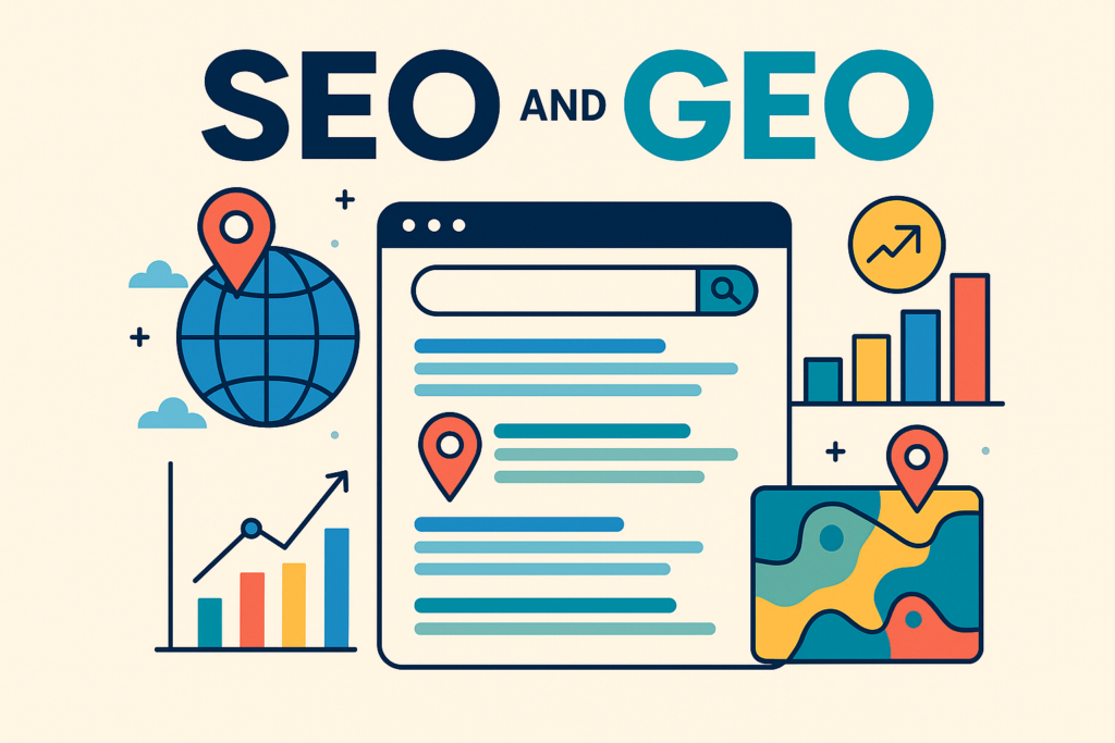 Illustration showing SEO and GEO concepts with map pins, charts, and a search results interface