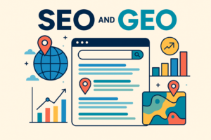 Blog 3 Illustration showing SEO and GEO concepts with map pins, charts, and a search results interface