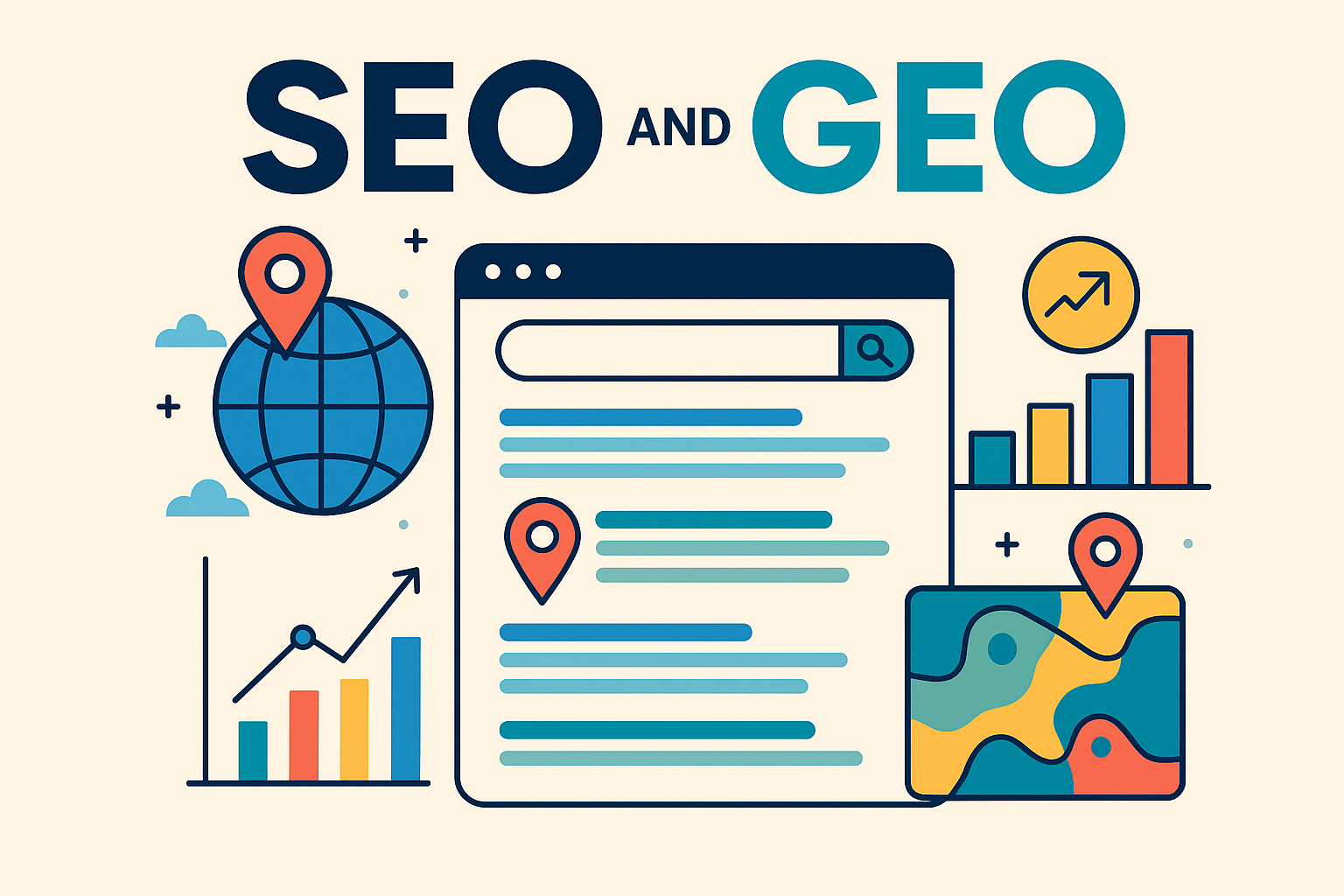 SEO and GEO: How Location-Based Optimization Is Shaping the Future of Digital Search 1 Illustration showing SEO and GEO concepts with map pins, charts, and a search results interface
