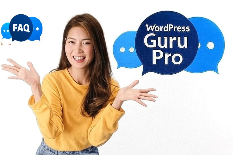 Services 8 Smiling woman gesturing with open hands next to the WordPress Guru Pro FAQ graphic featuring speech bubbles.