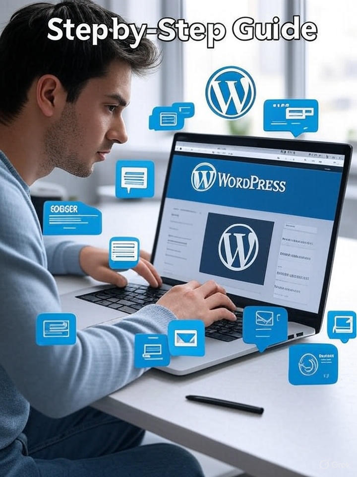 Illustration showing process to start a WordPress website in 9 easy steps