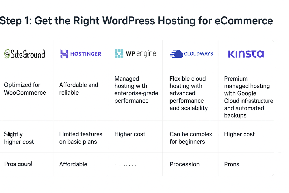 Comparison table of the best WordPress hosting for eCommerce in 2025 including SiteGround, Hostinger, WP Engine, Cloudways and Kinsta for starting an online store with WooCommerce