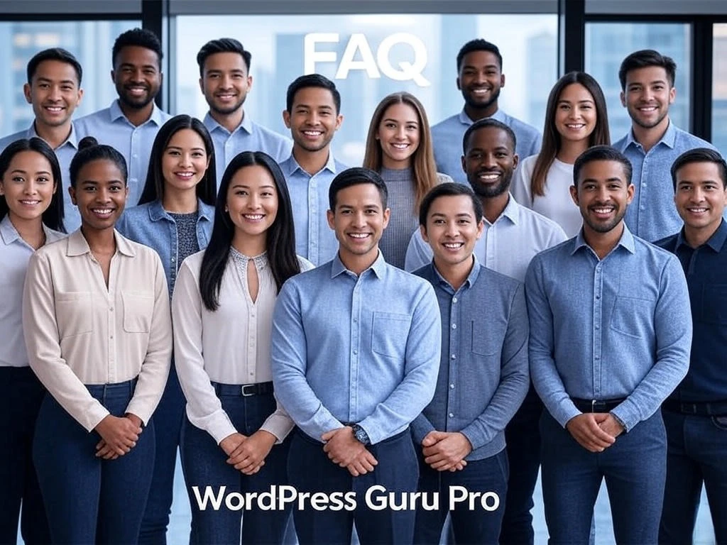 Home 2 A diverse and professional team of smiling individuals standing together, representing the FAQ support team of WordPress Guru Pro.