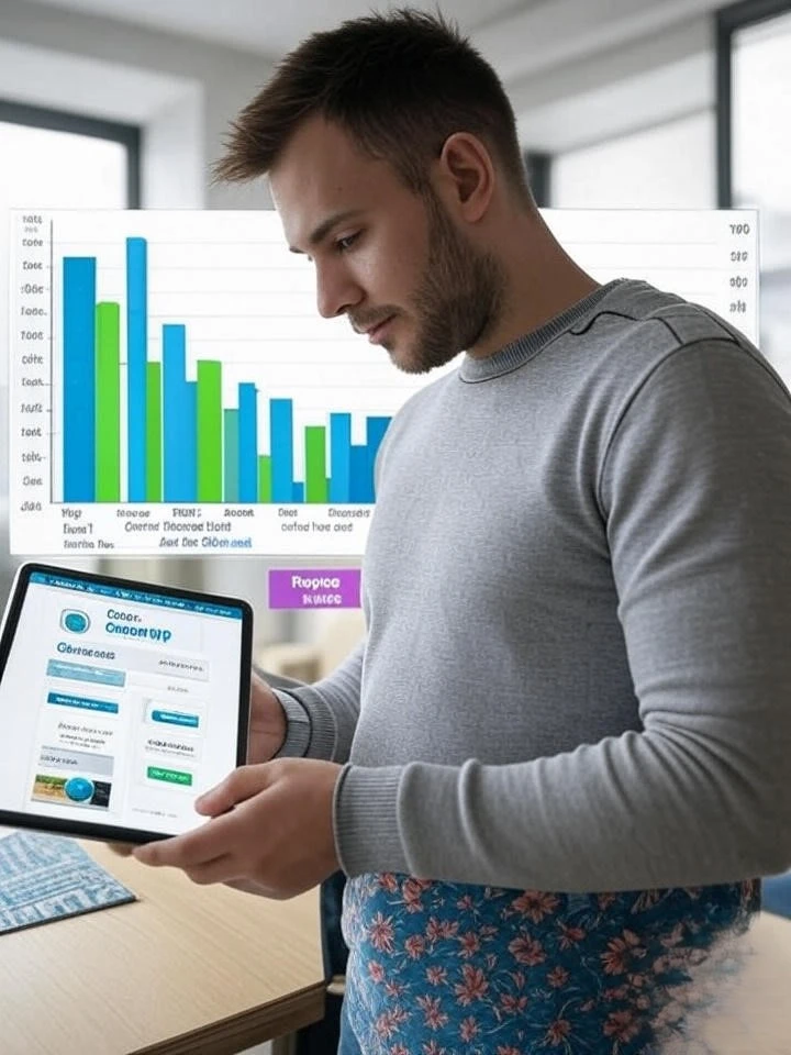 10 Best Free WordPress Themes for Blogs in 2025 3 A man holding a tablet displaying a WordPress dashboard, with a bar chart overlay comparing performance metrics of free WordPress themes like Astra, Neve, and GeneratePress, featuring blue and green bars.