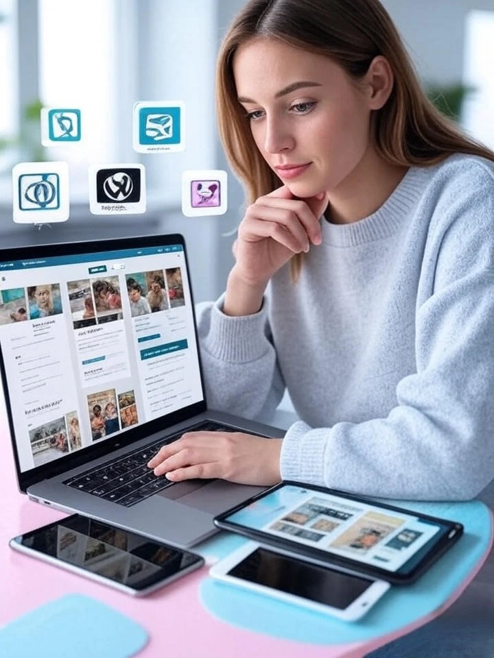 10 Best Free WordPress Themes for Blogs in 2025 4 A woman working on a laptop displaying a WordPress blog, surrounded by mobile devices and tablets showing responsive themes, with icons of free WordPress themes like Astra and Neve floating above.