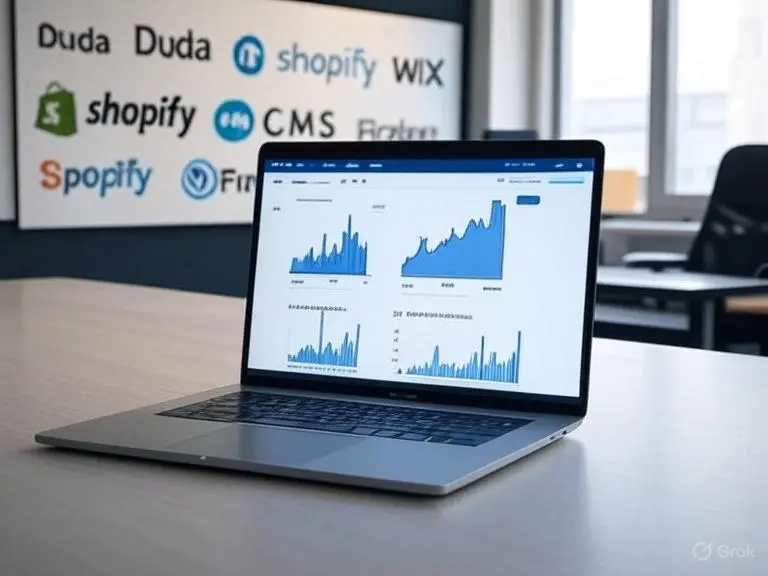 Laptop displaying 2025 Core Web Vitals Optimization graphs for LCP, INP, and CLS, with Duda, Shopify, and Wix CMS logos in the background.