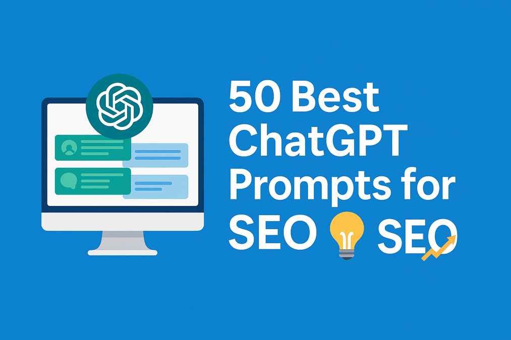 Illustration showcasing ChatGPT prompts for SEO with a computer screen and SEO icons on a blue background