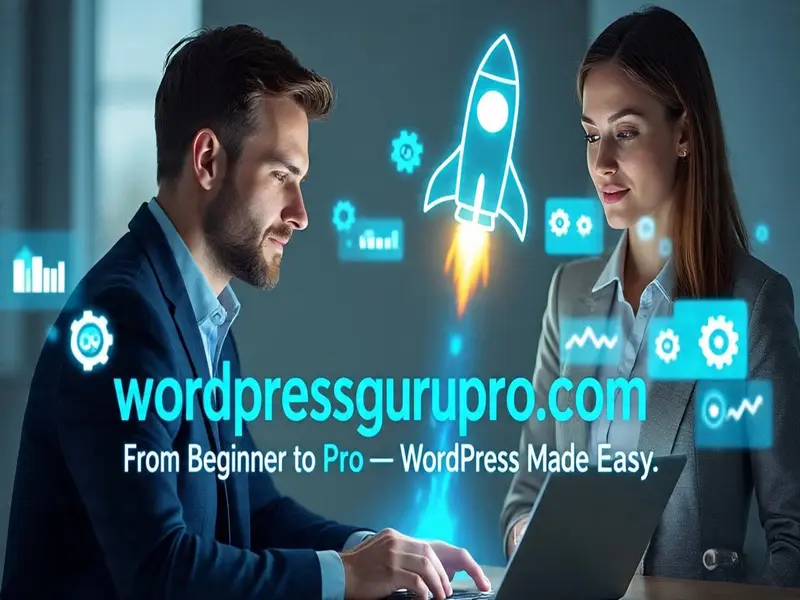 Home 1 WordPress experts analyzing website on laptop with digital interface elements and rocket launch in background to Unlock the Full Power of WordPress Potential