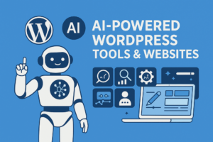 Blog 19 AI WordPress tools 2025 illustration showing a robot, WordPress logo, and digital automation icons