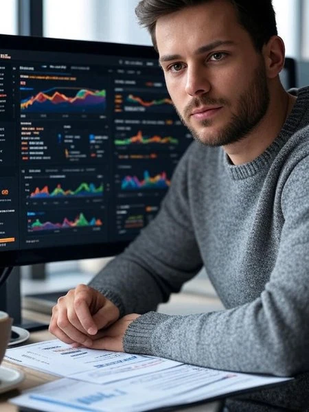 A professional analyzing a backlink profile on an Ahrefs interface, with documents showing link-building statistics and a coffee cup on the desk.