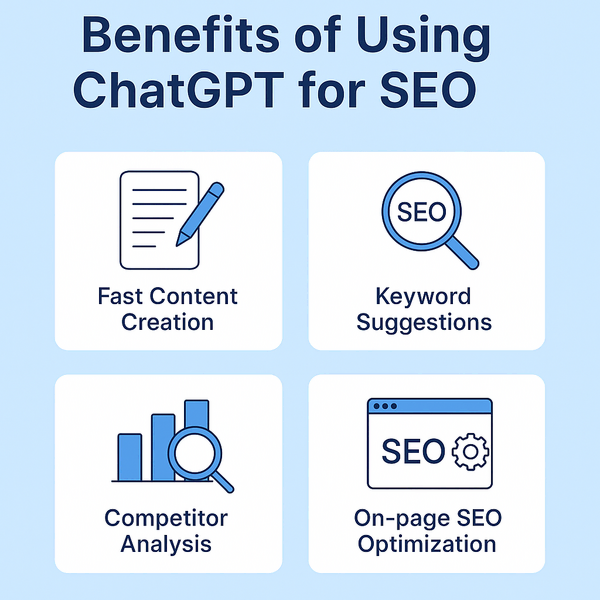 Infographic showing benefits of using ChatGPT prompts for SEO like faster content, keyword ideas, and optimization