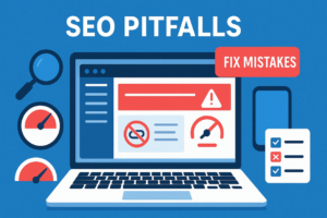 Blog 28 A laptop showing WordPress dashboard with error alerts, highlighting common WordPress SEO mistakes, beginner SEO errors, avoidable optimization pitfalls, and plugin issues.