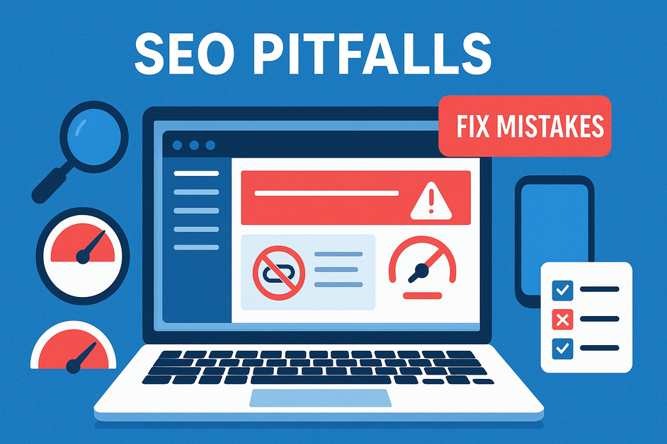 A laptop showing WordPress dashboard with error alerts, highlighting common WordPress SEO mistakes, beginner SEO errors, avoidable optimization pitfalls, and plugin issues.