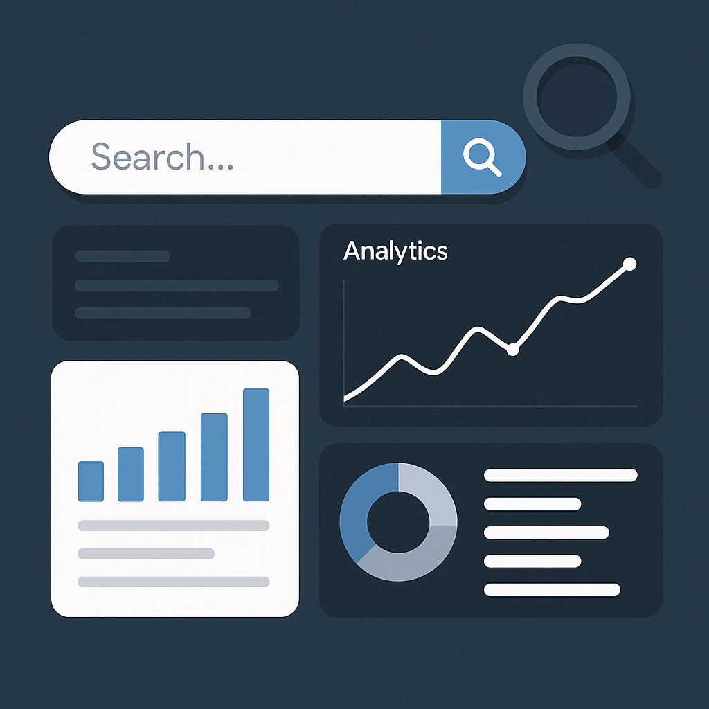 Modern flat design interface showing enhanced WordPress search and analytics dashboard with charts and graphs