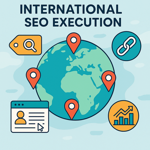 Infographic showing global strategy for International SEO Execution with a globe, location pins, and SEO icons.
