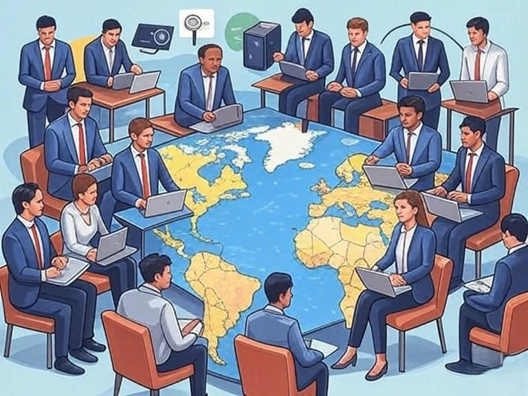 Illustration of global SEO strategy with location pins, hreflang code, and digital tools for international SEO execution
