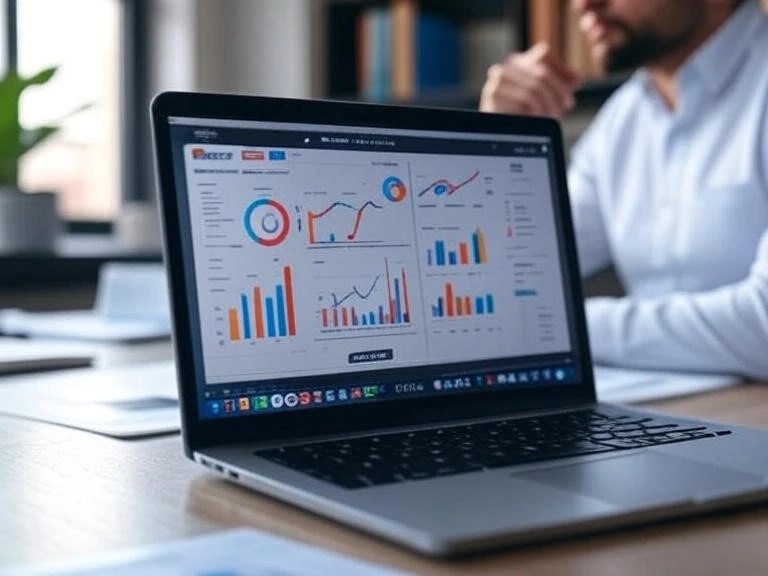 A digital workspace with a laptop displaying a keyword research dashboard from SEMrush, surrounded by colorful charts and a notepad with SEO strategy notes.