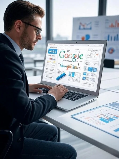A professional setting with a laptop displaying a Google Search Console interface and printed charts and graphs analyzing organic search visibility, SEO tools, and strategies like keyword research and backlink building.