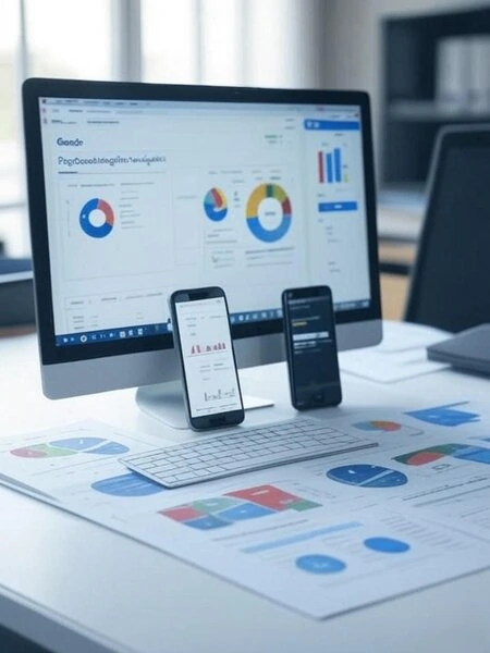 A screenshot of Google PageSpeed Insights showing site speed optimization results, with a mobile device and printed Core Web Vitals charts on a desk.