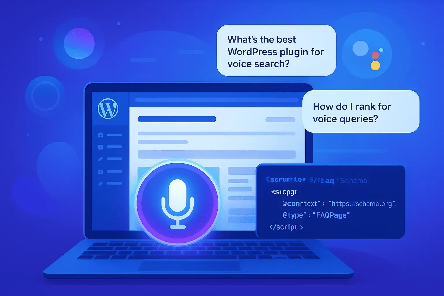 Illustration of Voice Search Optimization for WordPress with microphone and FAQ schema on a laptop.