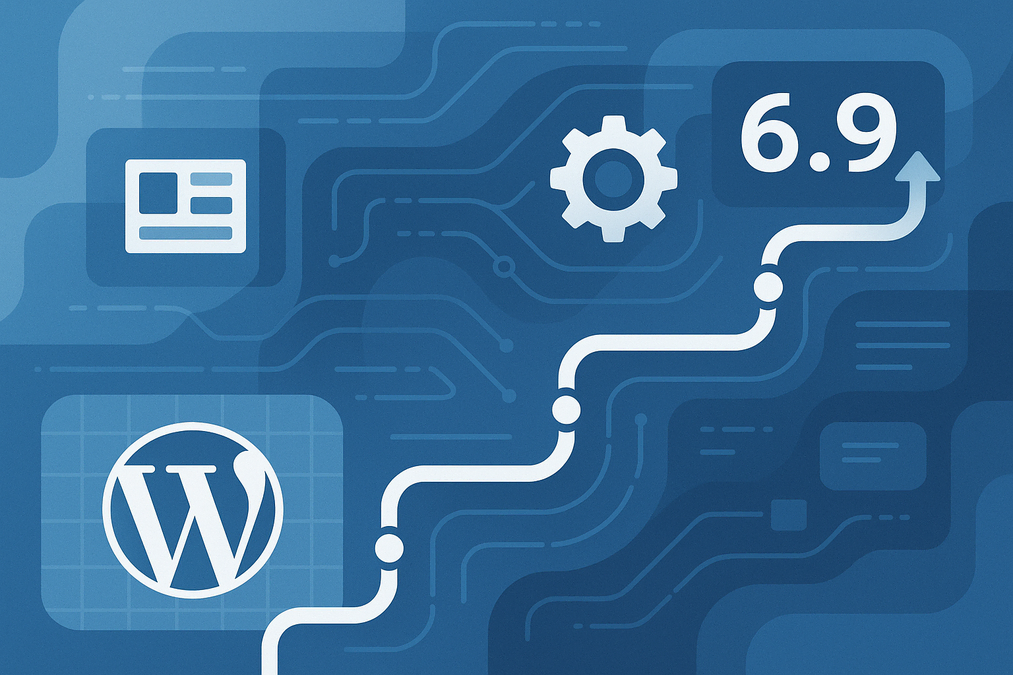 Illustration of the WordPress 6.9 roadmap showing upcoming features, Gutenberg Phase 3, and performance improvements in the 2025 update