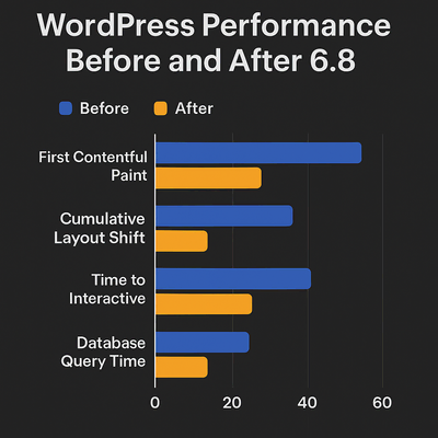 Before and after WordPress performance comparison showing improved page load speed and SEO score