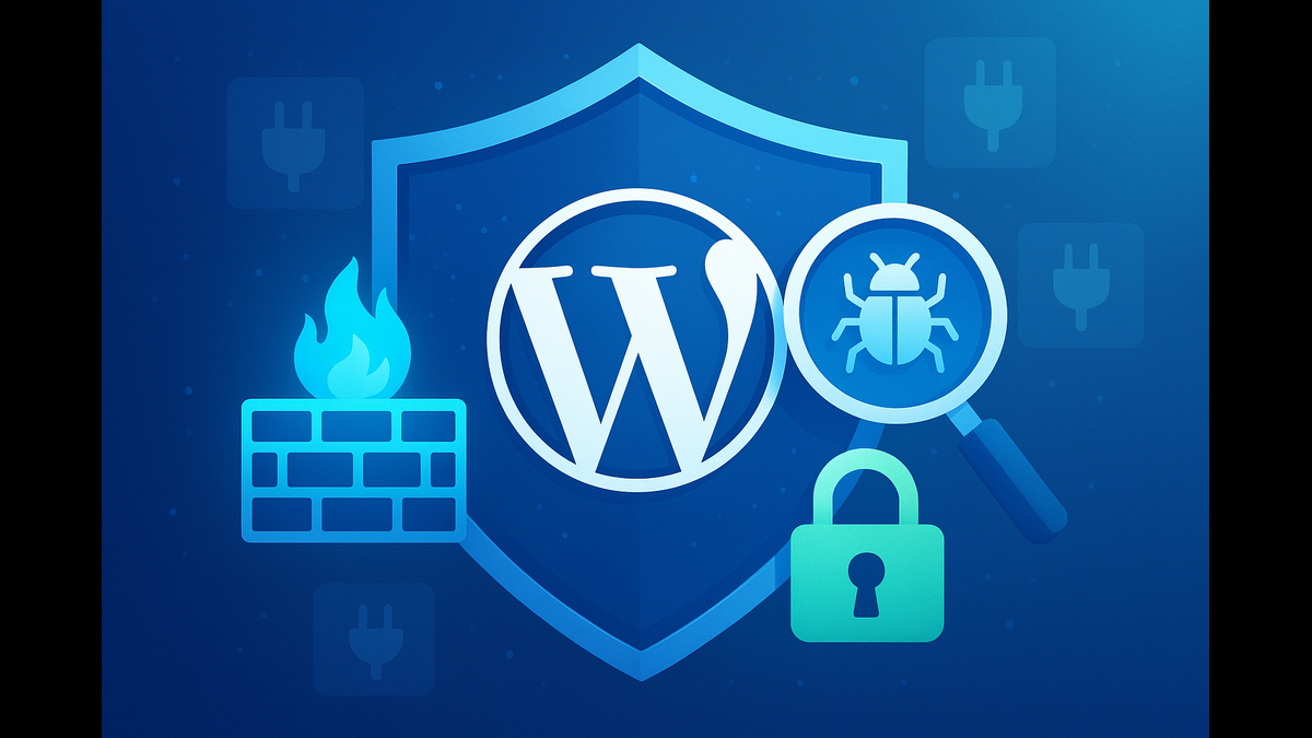 Digital shield protecting WordPress logo with WordPress firewall and malware scanner WordPress icons, symbolizing a secure WordPress site using the best free WordPress security plugins.