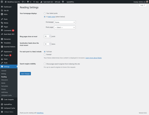 Reading configuration in WordPress SEO settings for homepage and visibility