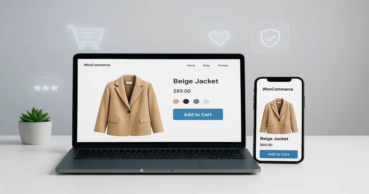 A visual comparison of a desktop and mobile view of a modern online store, showcasing the best WooCommerce themes for 2025.