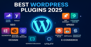 Blog 26 Illustration of the best WordPress plugins 2025 showing SEO, speed, security, design, eCommerce, and utility plugins around the WordPress logo