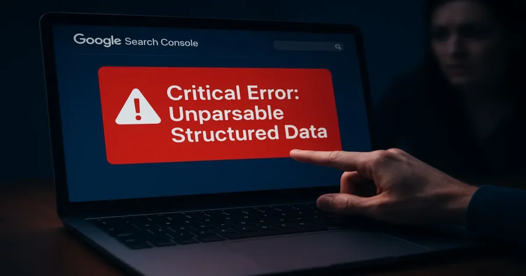 Web developer tries to fix unparsable structured data error from Google Search Console on a laptop