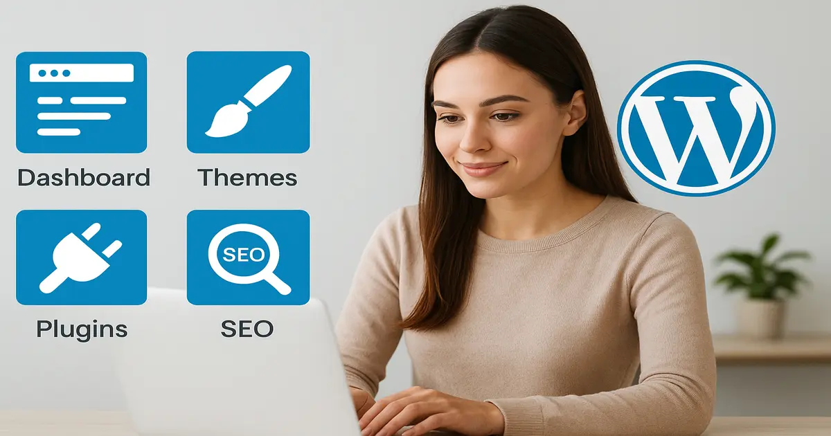 A person setting up a WordPress website on a laptop, surrounded by icons of WordPress dashboard, themes, plugins, and SEO tools, ideal for a WordPress beginner guide.