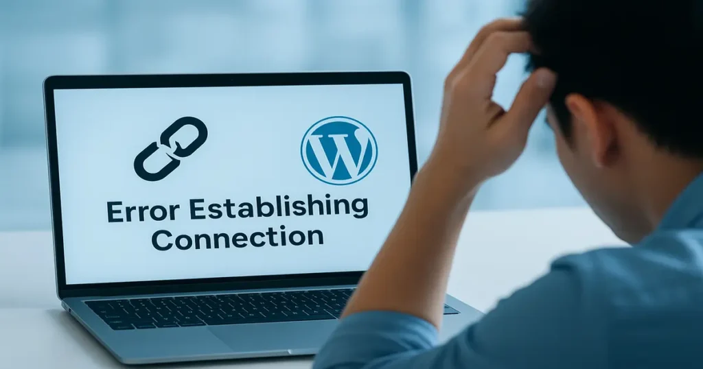 Is WordPress Down, or Is It Just Me? A Troubleshooting Checklist 5 A person troubleshooting a "Error Establishing Connection" message on a laptop screen with the WordPress logo, asking "Is WordPress down?"